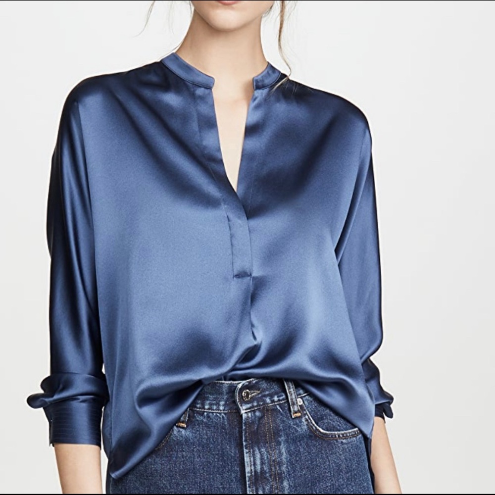 Vince Silk Band Collar Blouse Blue SzS